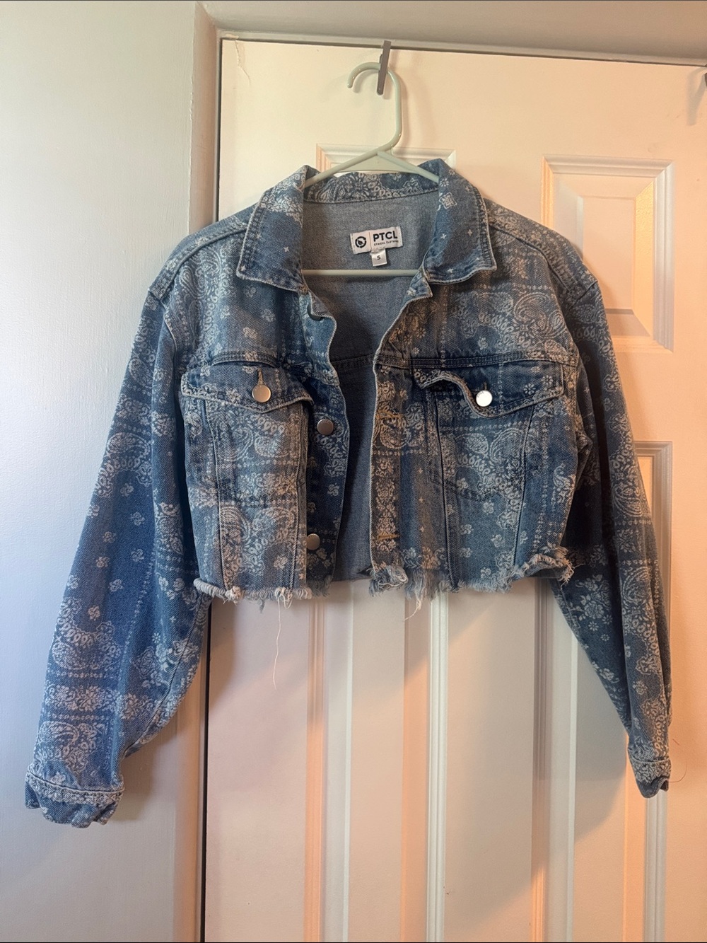 PTCL Light Blue Cropped Bandana-Print Denim Jacket